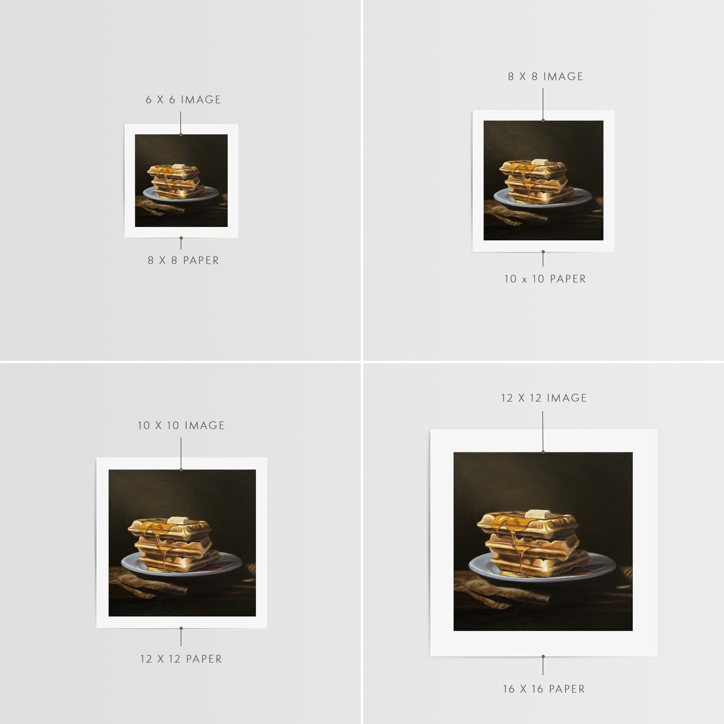 This artwork features a triple stack of freshly made waffles with a generous portion of maple syrup and a dollop of butter on top.