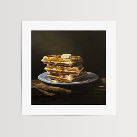 This artwork features a triple stack of freshly made waffles with a generous portion of maple syrup and a dollop of butter on top.