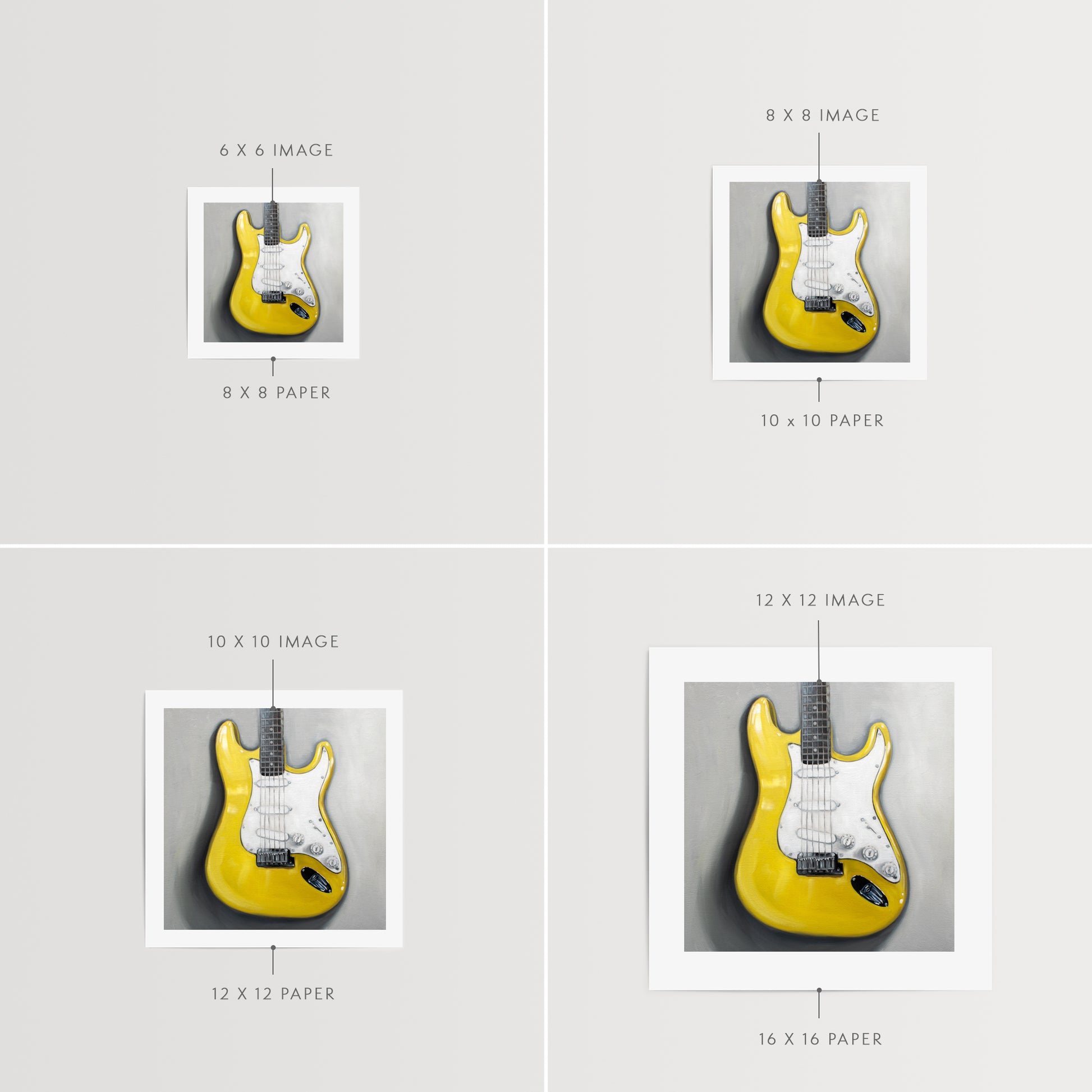 This artwork features a close up view of a bright yellow Stratocaster Guitar resting on a light grey surface.