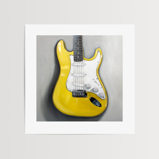 This artwork features a close up view of a bright yellow Stratocaster Guitar resting on a light grey surface.