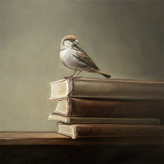 This artwork features a male sparrow perched on the edge of a stack of vintage books.
