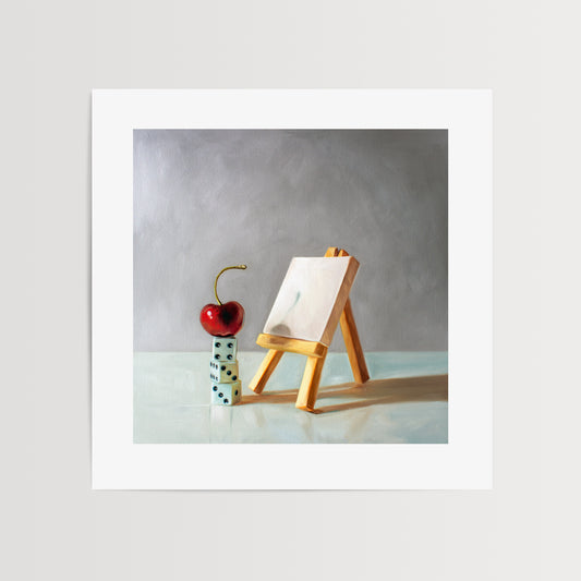 Artist's Block Fine Art Print by Lauren Pretorius: a bright red cherry in front of a mini blank canvas on a mini easel seemingly having a case of ‘Artist’s Block’.It goes without saying that all artists can almost certainly relate to the little guy!