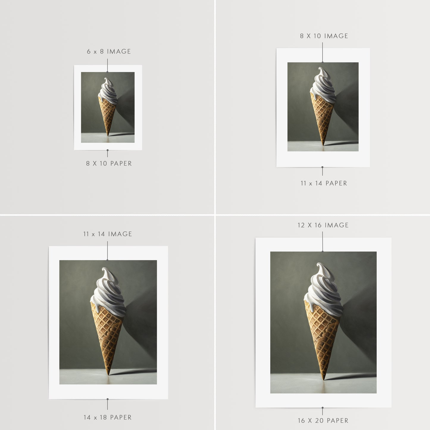 The artwork features a waffle cone packed with a plentiful portion of creamy vanilla ice cream.