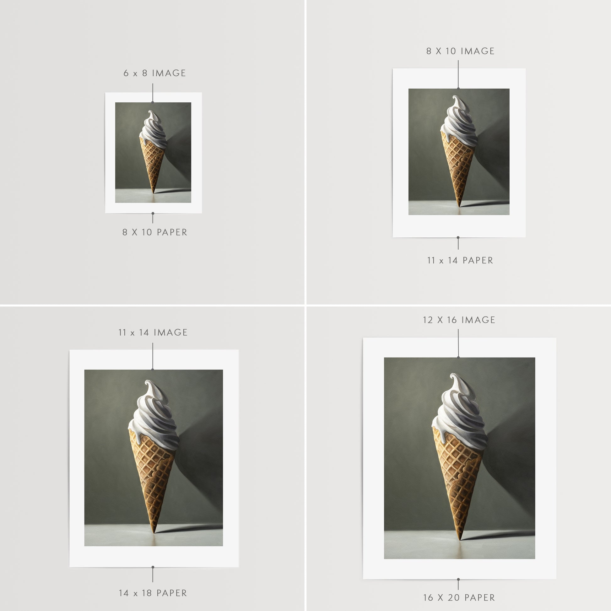 The artwork features a waffle cone packed with a plentiful portion of creamy vanilla ice cream.