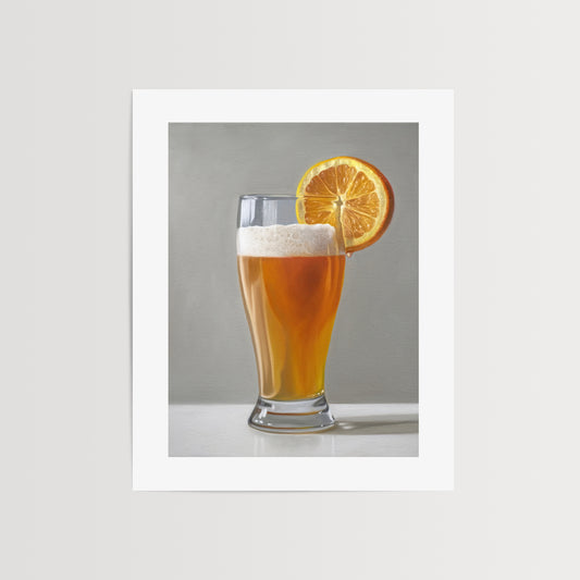 Beer Shandy & Orange Slice Fine Art Print by Lauren Pretorius: a freshly poured Blue Moon beer in a glass with an orange slice and a nice bit of foam.