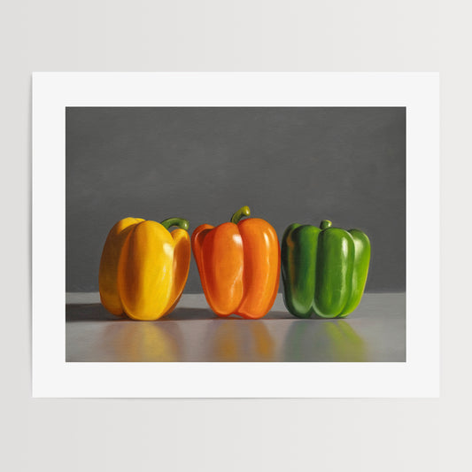 Bell Pepper Trio Fine Art Print by Lauren Pretorius: a trio of yellow, orange and green bell peppers.