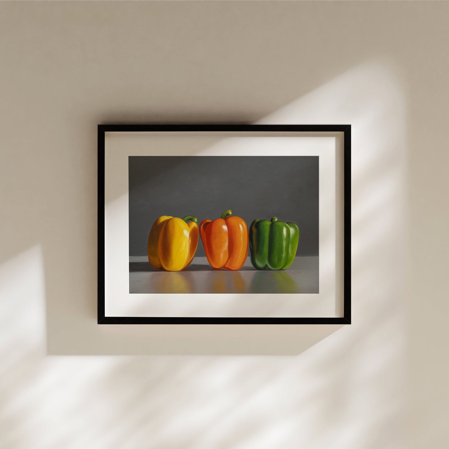 Bell Pepper Trio Fine Art Print by Lauren Pretorius: a trio of yellow, orange and green bell peppers.