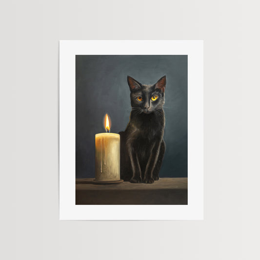 Black Cat & Candle Fine Art Print by Lauren Pretorius: a black cat sitting next to a candle with a dark blue background.