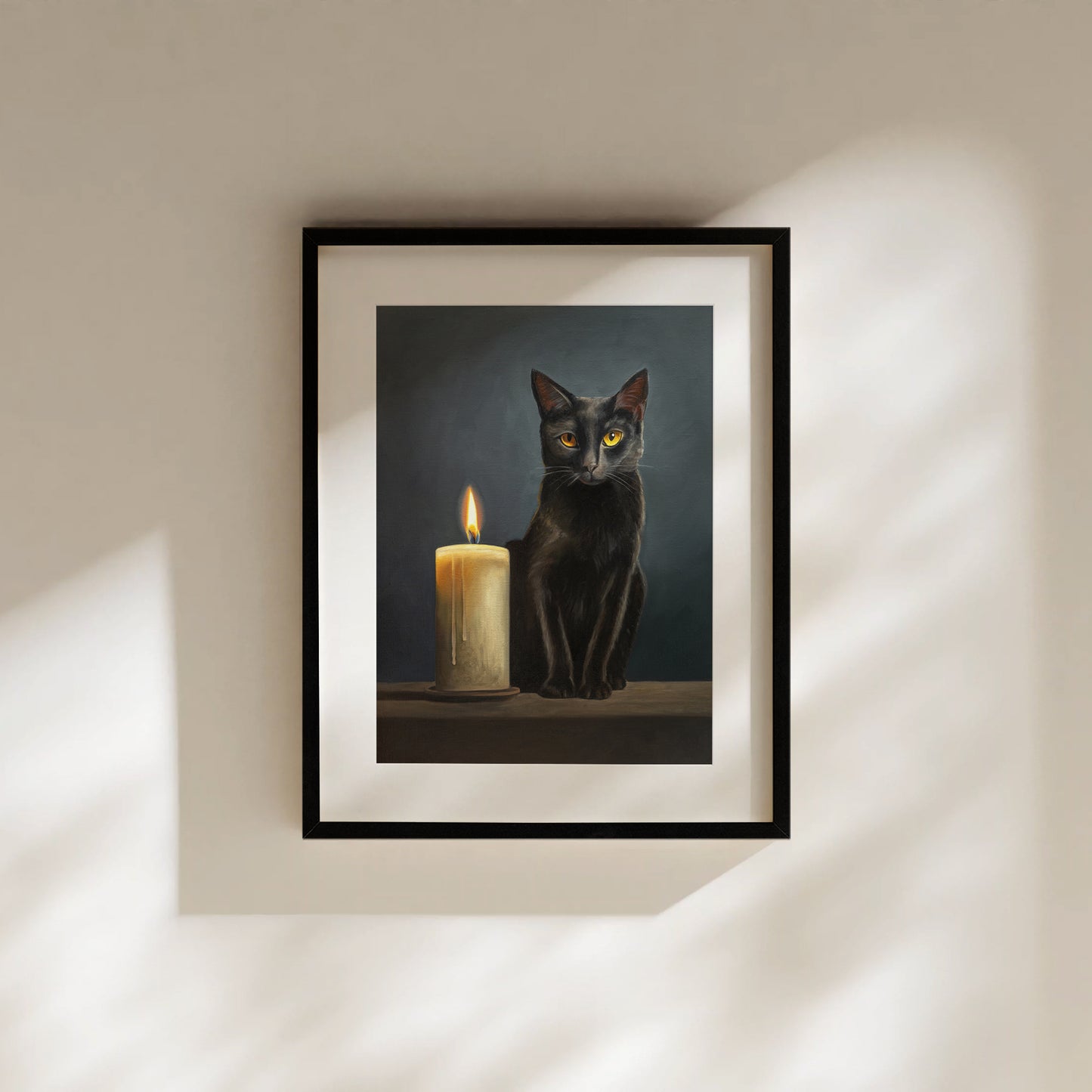 Black Cat & Candle Fine Art Print by Lauren Pretorius: a black cat sitting next to a candle with a dark blue background.