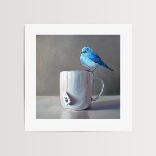 Bluebird and Blueberry Tea Fine Art Print by Lauren Pretorius: The perfect combination to roll in the Spring season a Mountain Bluebird perched on a cup of Blueberry Tea.
