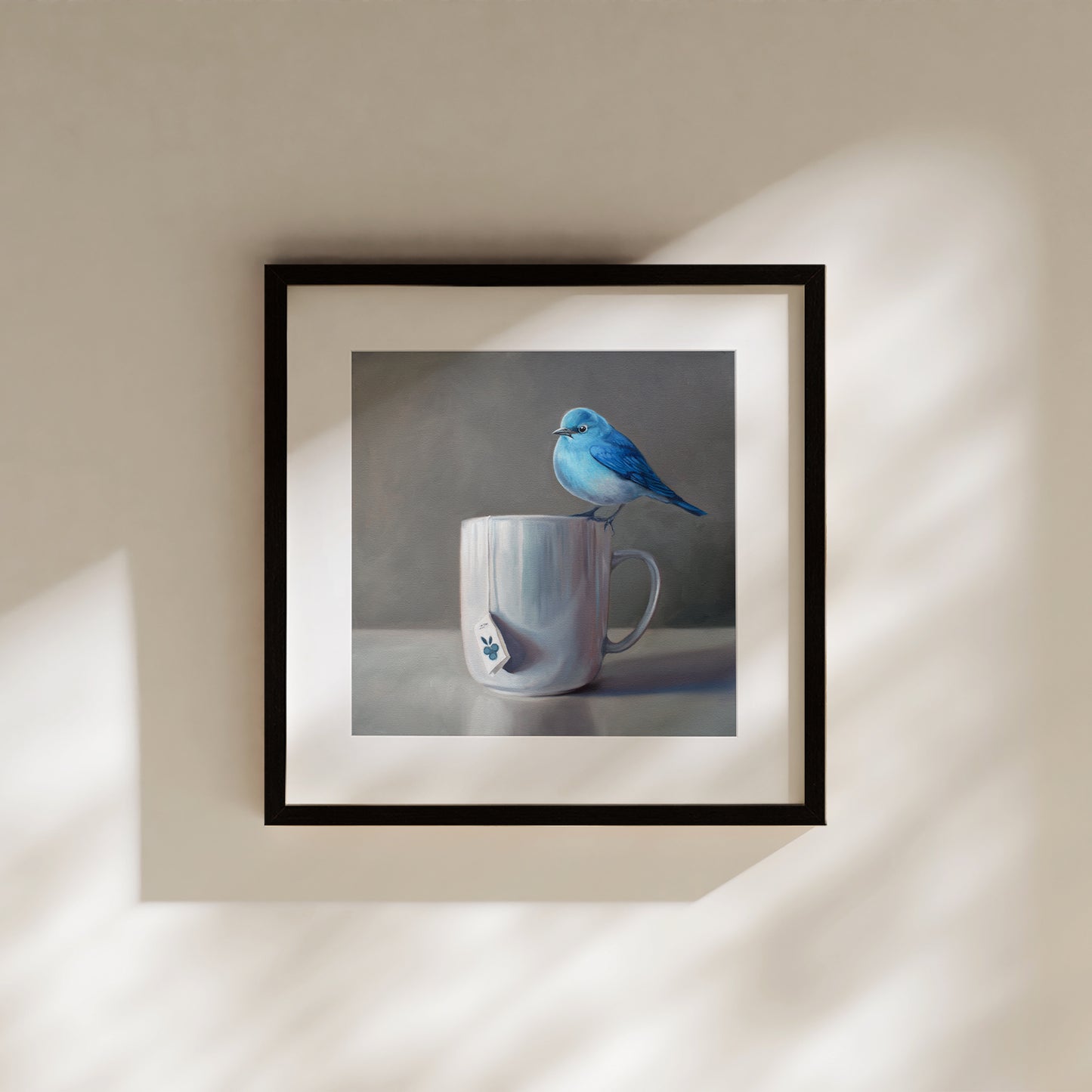 Bluebird and Blueberry Tea Fine Art Print by Lauren Pretorius: The perfect combination to roll in the Spring season a Mountain Bluebird perched on a cup of Blueberry Tea.