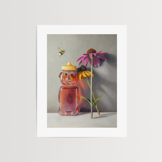 Bumble Bee, Honey & Blossoms Fine Art Print by Lauren Pretorius: a bottle of honey shaped as a bear and a pair of flowers with a bumble bee flying in to inspect.