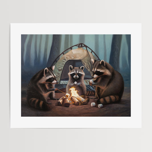 Campfire Raccoons Fine Art Print by Lauren Pretorius: a family of raccoons roasting marshmallows by a campfire in front of their tent in the woods at night.