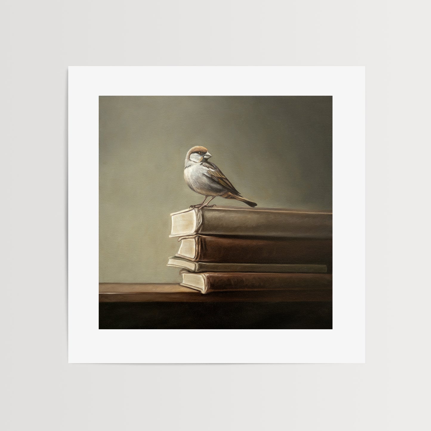 This artwork features a male sparrow perched on the edge of a stack of vintage books.
