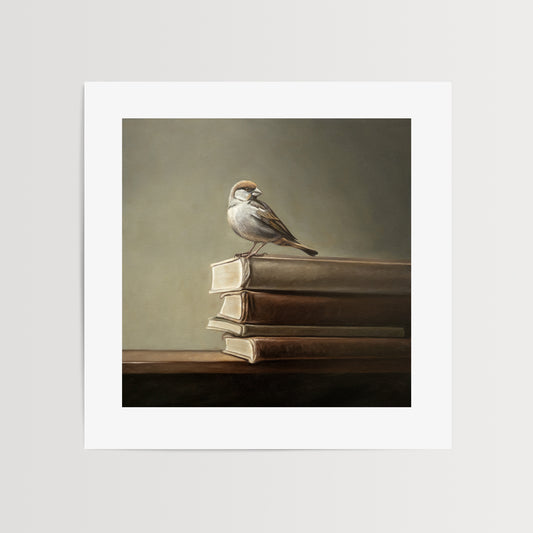 This artwork features a male sparrow perched on the edge of a stack of vintage books.