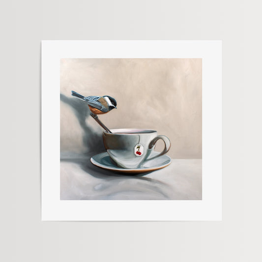 Chickadee and Cherry Tea Fine Art Print by Lauren Pretorius: a Black Capped Chickadee perched upon a spoon handle that rests in a cup of Cherry Tea.is from a series of paintings that I am working on birds and beverages.