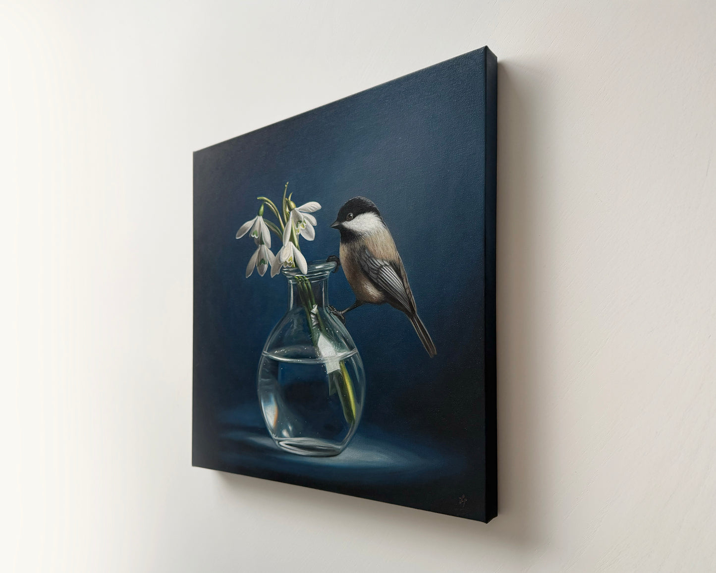 Chickadee & Snowdrop Flowers • 14 x 14