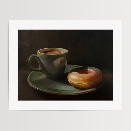 Coffee & Krispy Kreme Fine Art Print by Lauren Pretorius: a green mug with a cup of coffee and a doughnut on a matching green plate.