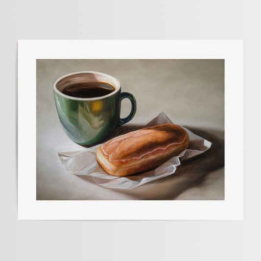 Coffee & Maple Bar Donut Fine Art Print by Lauren Pretorius: a coffee cup and a maple bar donut placed on a paper wrapper, with a cup of coffee.