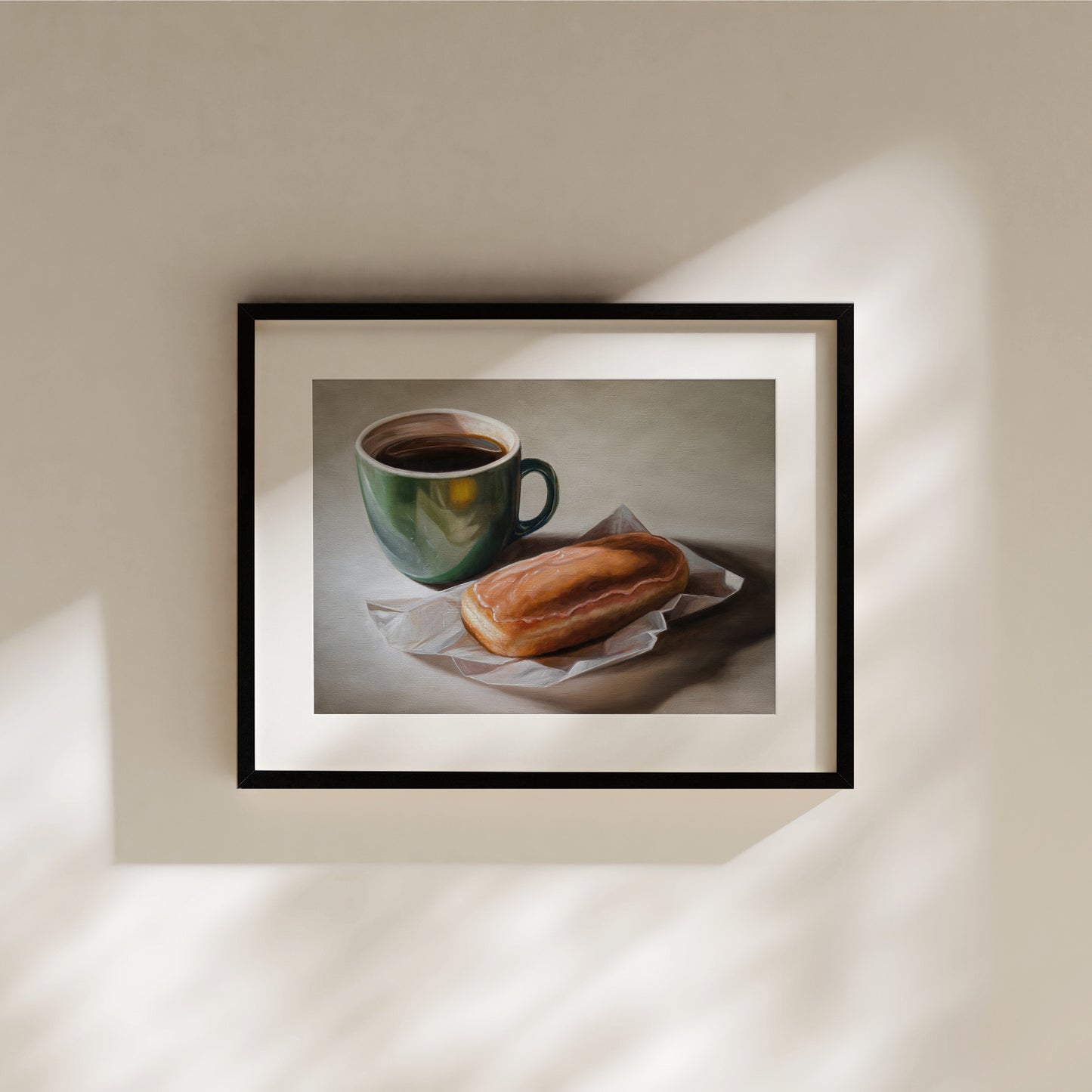 Coffee & Maple Bar Donut Fine Art Print by Lauren Pretorius: a coffee cup and a maple bar donut placed on a paper wrapper, with a cup of coffee.