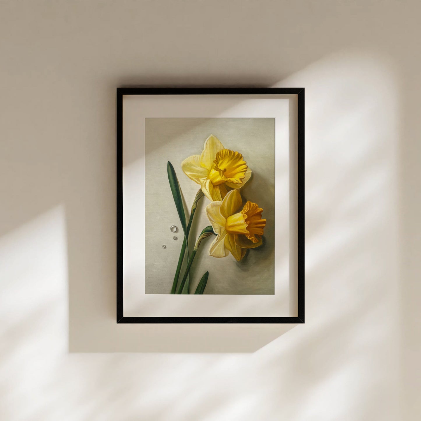Daffodil Dew Drops Fine Art Print by Lauren Pretorius: a close-up of daffodil flowers with water droplets.