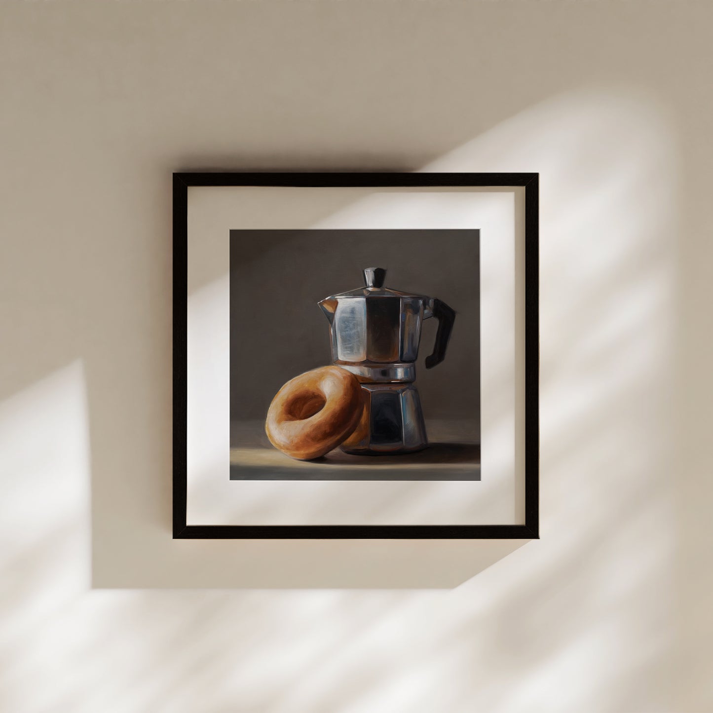 Donut & Moka Pot Fine Art Print by Lauren Pretorius: A reflective moka post espresso maker next to a donut.