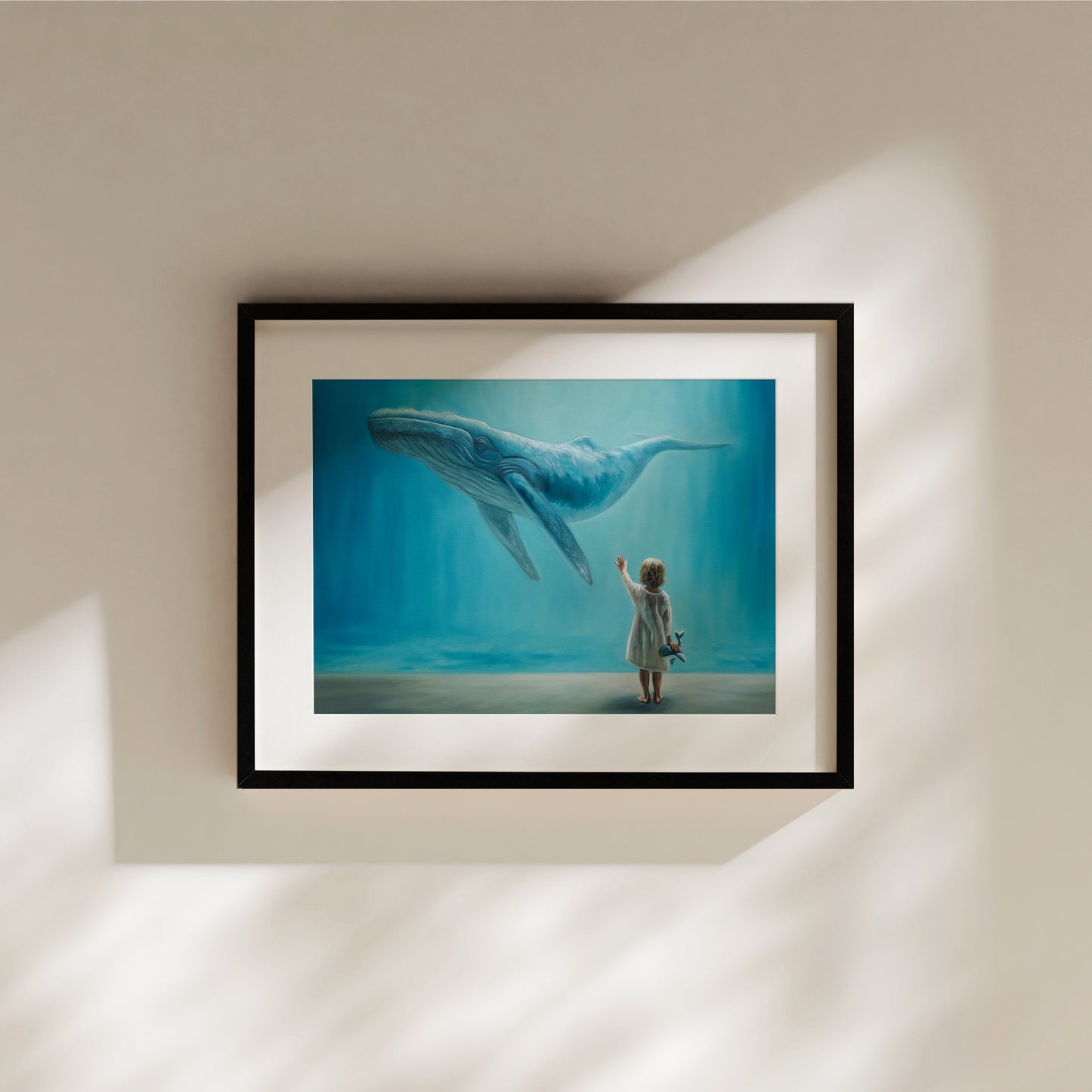 Dreaming of Giants, Whale and Child Fine Art Print by Lauren Pretorius: a dreamlike vision of a young child holding a plush whale reaching upwards to a whale swimming above.