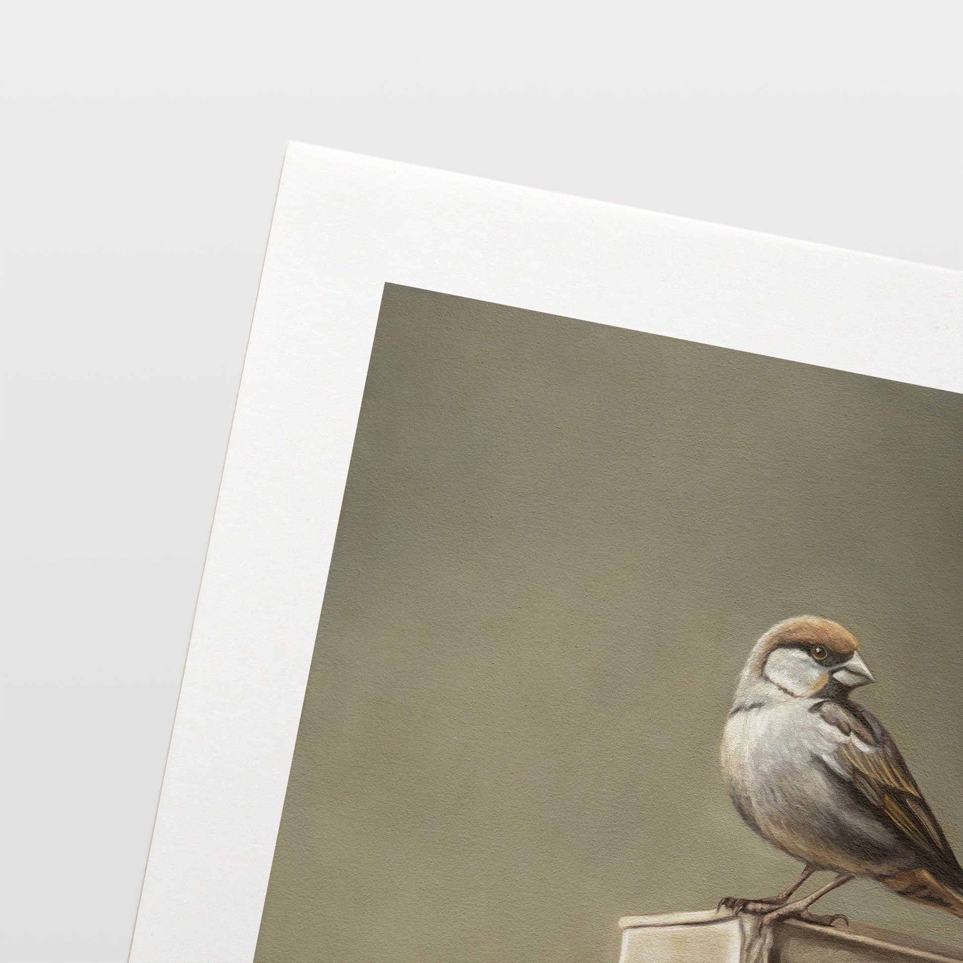 This artwork features a male sparrow perched on the edge of a stack of vintage books.