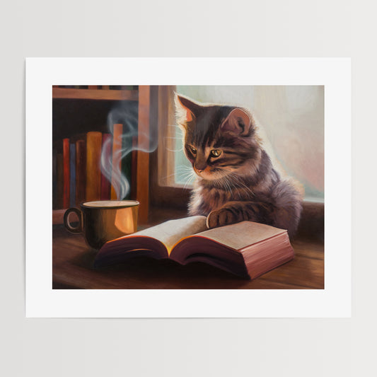Feline Fiction Fine Art Print by Lauren Pretorius: a cat seemingly reading a book by a window and book case with a steaming cup of coffee.