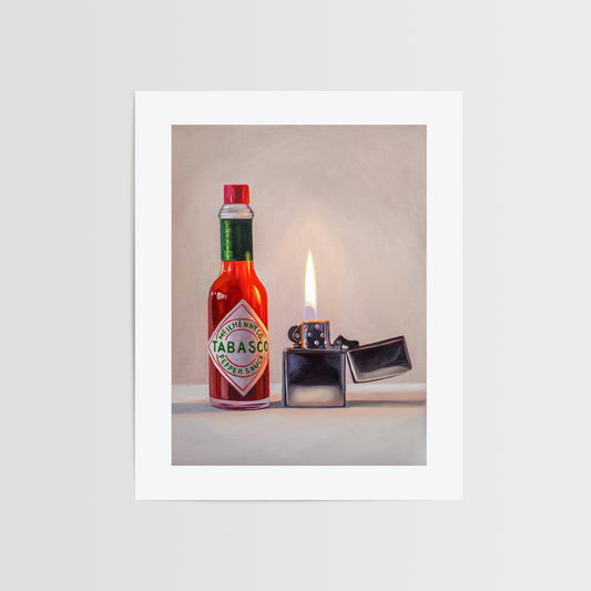 Fiery Hot Sauce Fine Art Print by Lauren Pretorius: a painting of a hot sauce bottle with a flame next to it, indicating the fiery nature of the product.