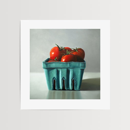 Fresh Garden Tomatoes Fine Art Print by Lauren Pretorius: a basket filled with fresh garden tomatoes, painted with archival pigment inks on 230gsm matte archival fine art paper.