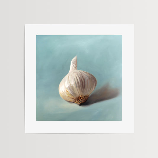 Garlic Bulb Fine Art Print by Lauren Pretorius: a single garlic bulb with on a neutral light blue background.