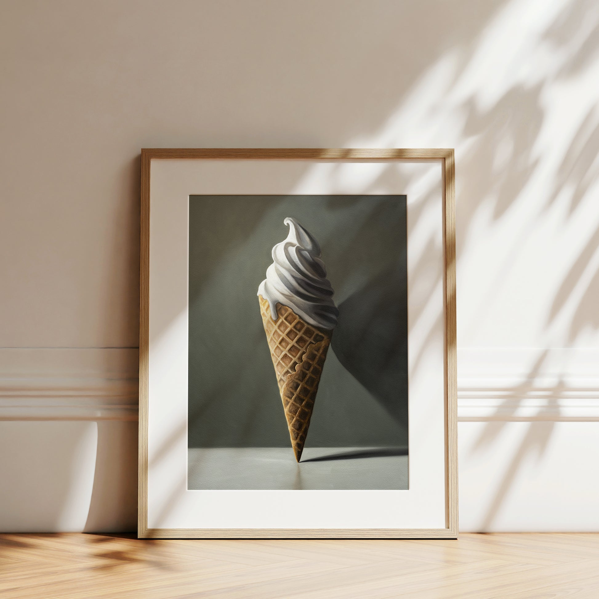 The artwork features a waffle cone packed with a plentiful portion of creamy vanilla ice cream.