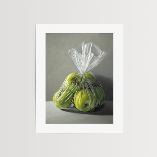 Granny Smith Apples Fine Art Print by Lauren Pretorius: a clear plastic bag filled with bright green Granny Smith apples.