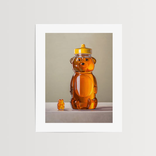 Gummy Bear & Honey Bear Fine Art Print by Lauren Pretorius: a honey bear jar with a gummy bear on a neutral background