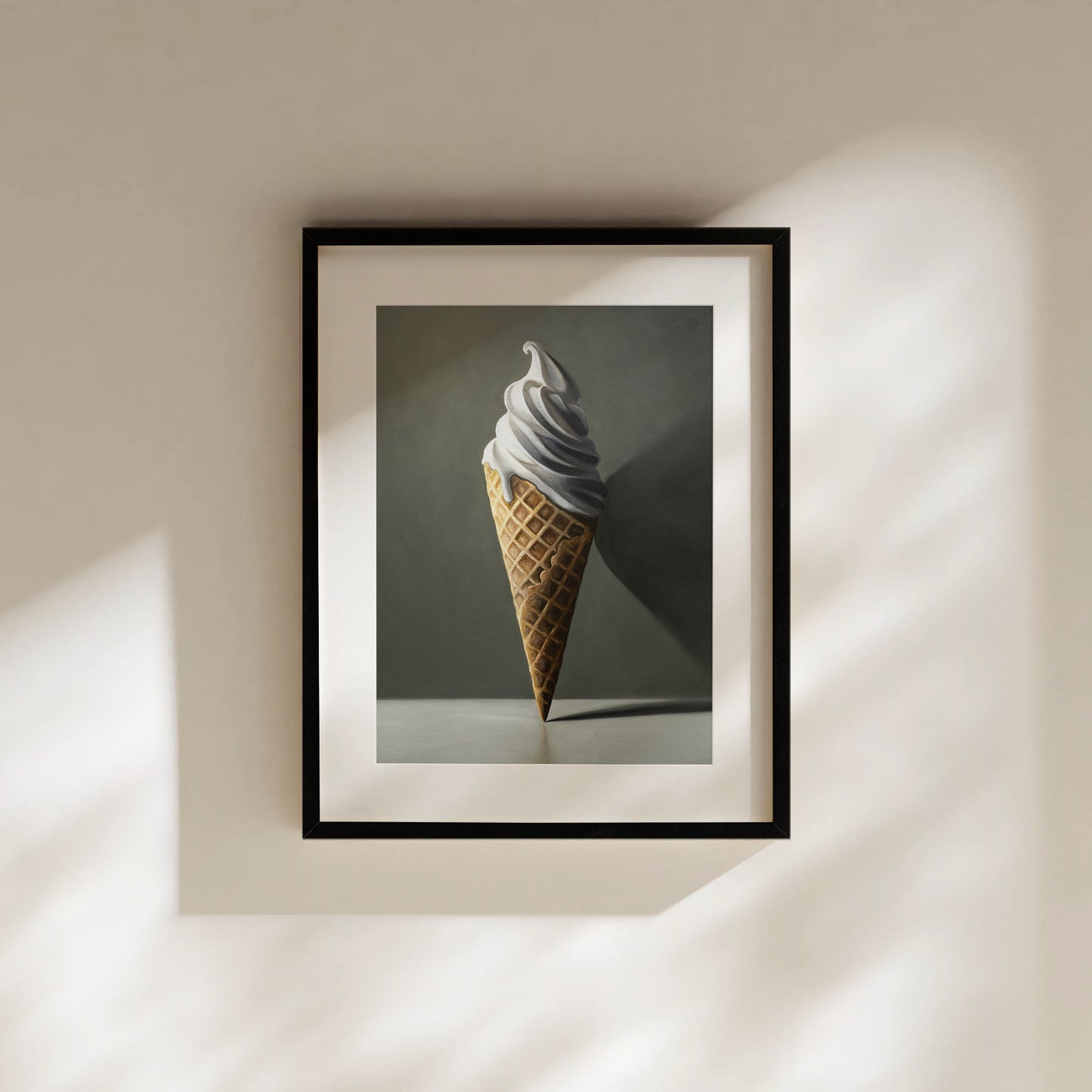 The artwork features a waffle cone packed with a plentiful portion of creamy vanilla ice cream.