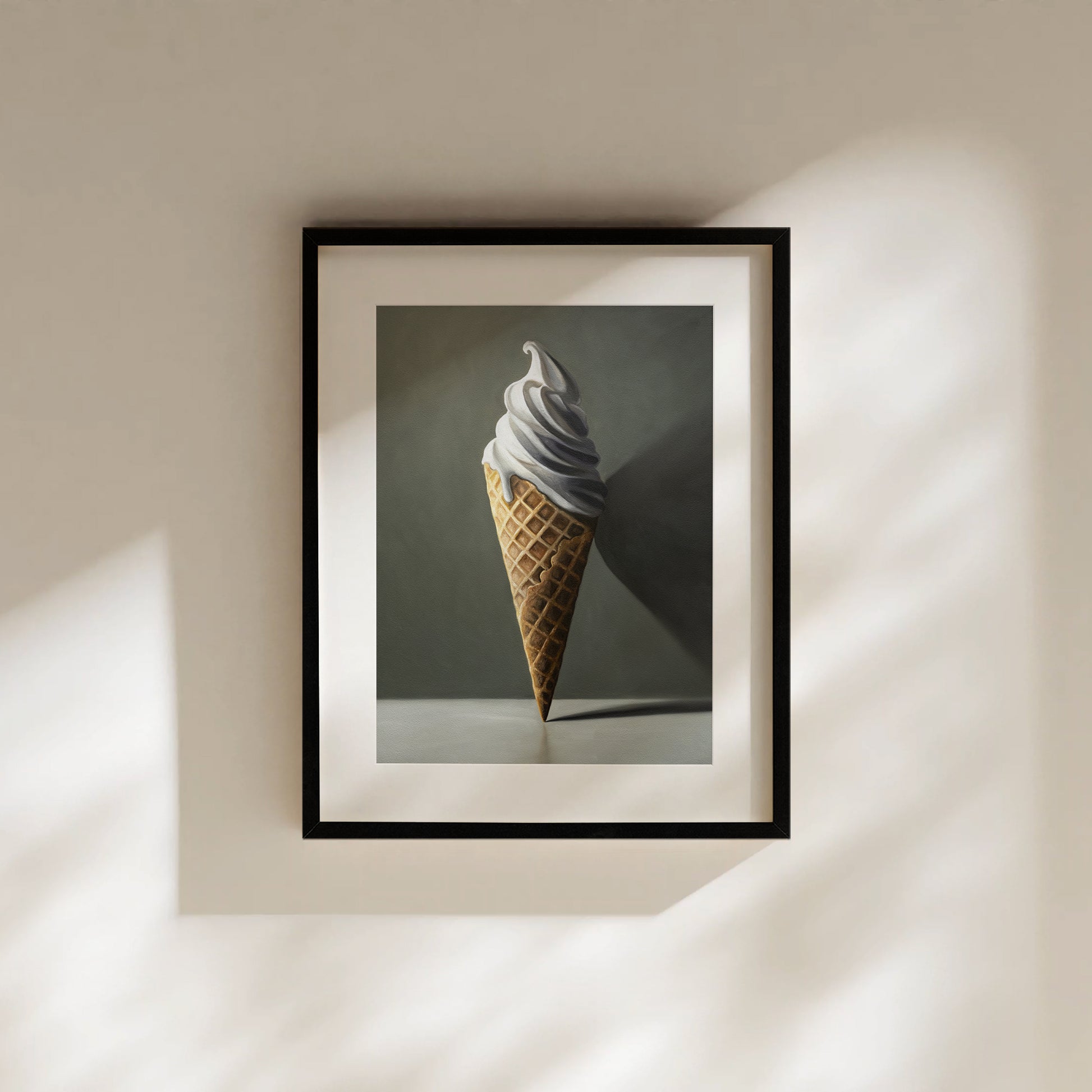 The artwork features a waffle cone packed with a plentiful portion of creamy vanilla ice cream.