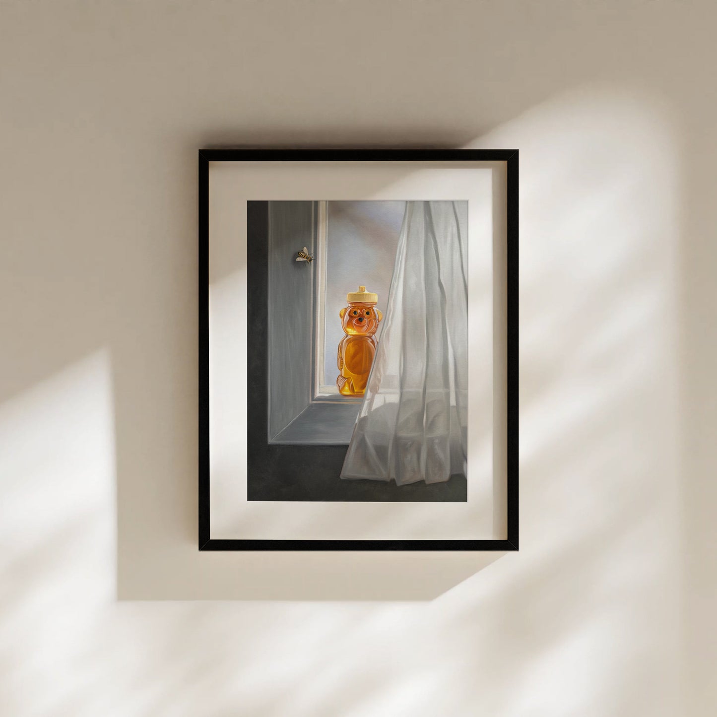 Framed fine art print of a honey bear jar and a bee at a window with sheer white curtains.