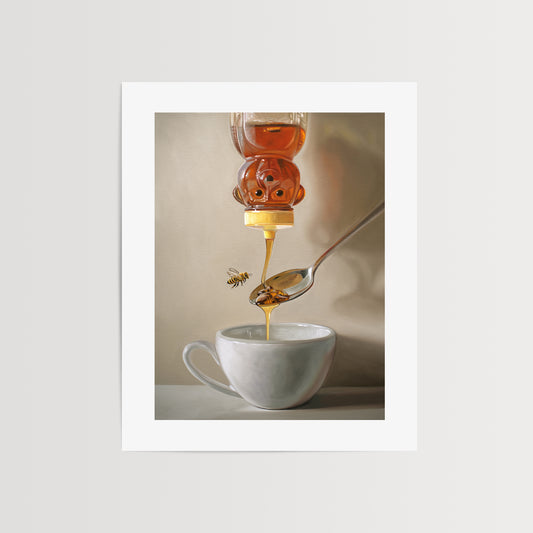Honey, Bee, Spoon & Tea Fine Art Print by Lauren Pretorius: a classic honey bear bottle turned upside down whilst golden honey spills into a spoon and cup of tea below.