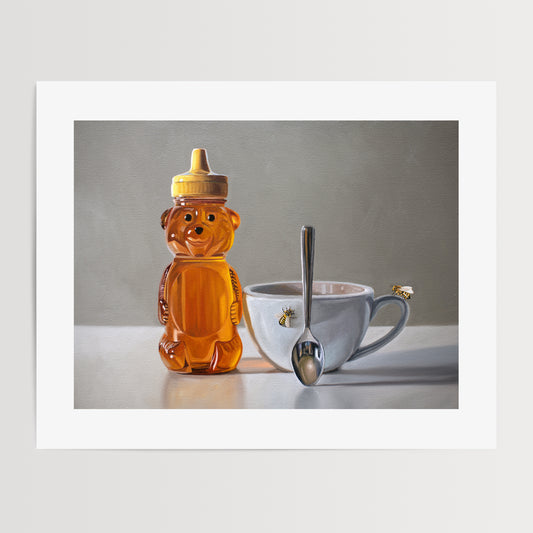 Honey, Bees & Tea Fine Art Print by Lauren Pretorius: a honey bear bottle, cup with spoon and two curious honey bees.