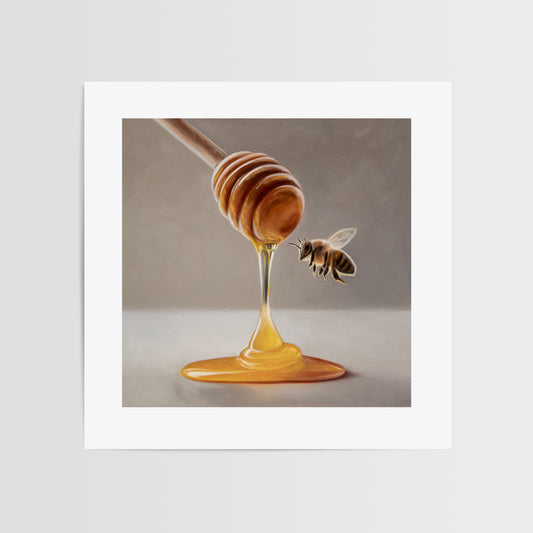 Honey Dipper & Bee Fine Art Print by Lauren Pretorius: a honey dipper with honey dripping and a bee approaching on a neutral background