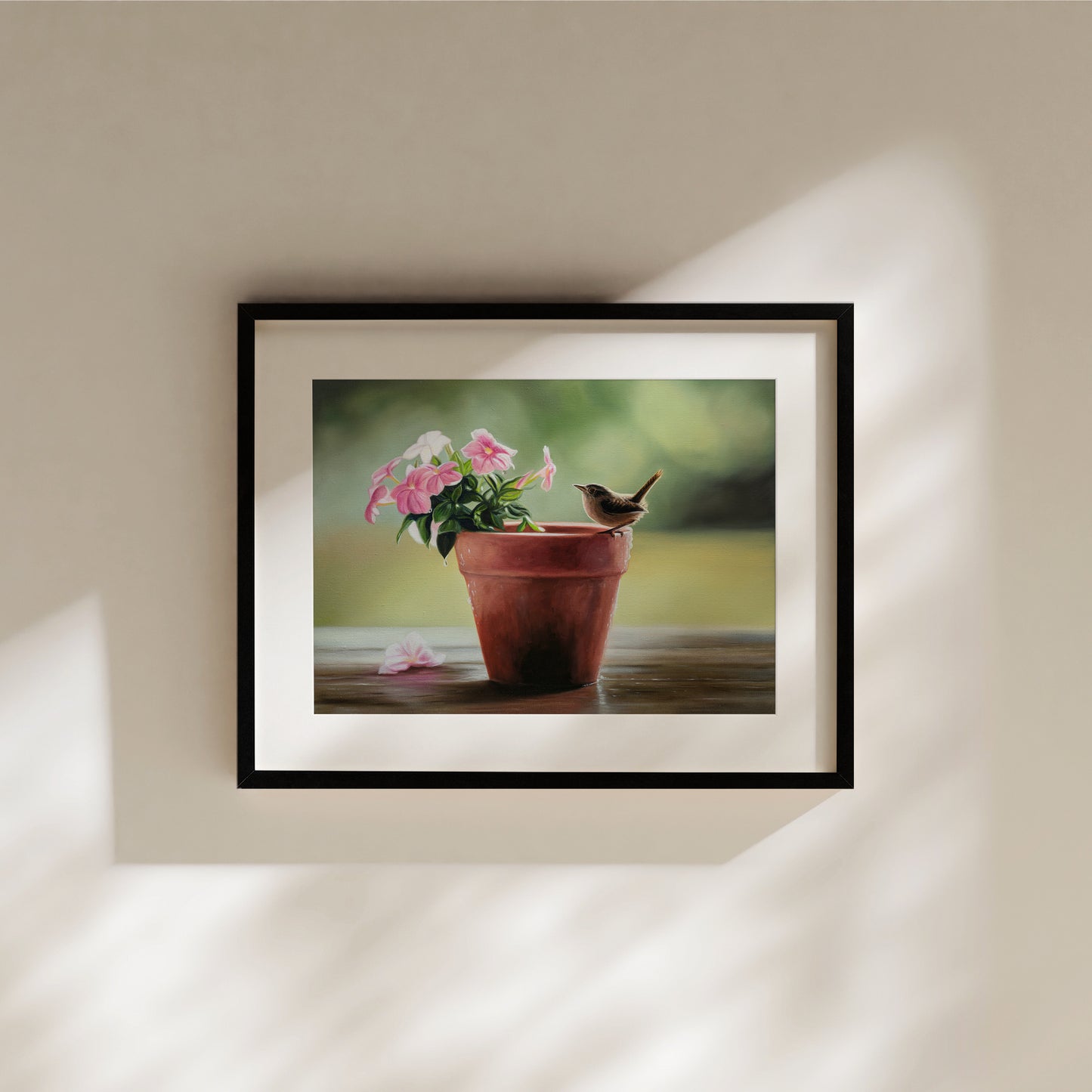 House Wren & Blossoms Fine Art Print by Lauren Pretorius: a house wren perched on the edge of a terracotta pot with pink blossoms.