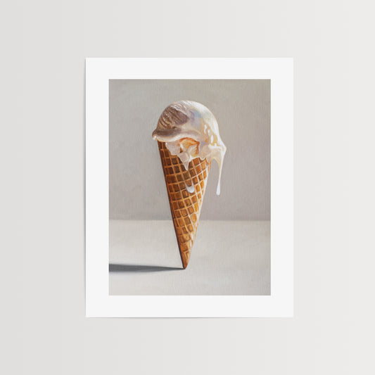 Ice Cream Cone Fine Art Print by Lauren Pretorius: an ice cream cone perfectly balanced with ice cream dripping down the side.
