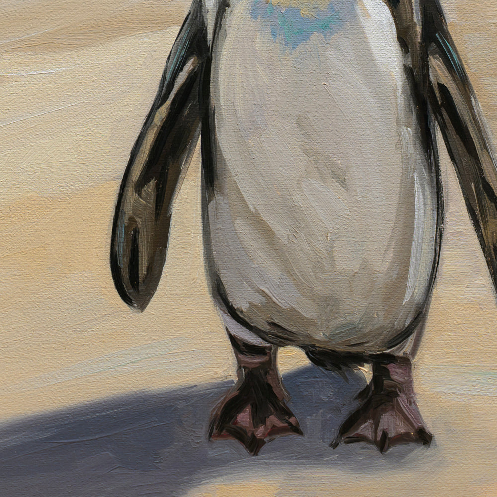 Original oil painting of a penguin on a sandy beach with visible brushstrokes and warm, neutral tones.