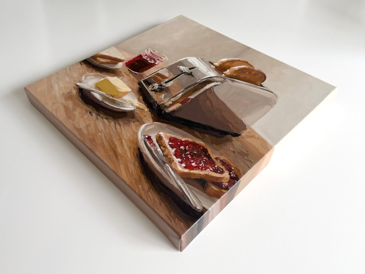16x16 inch oil painting on canvas featuring a vintage toaster, butter, and toast with jam on a wooden table.
