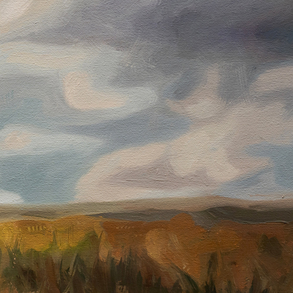 Original oil painting of a pasture with bold brushstrokes, warm earth tones, and sweeping cool blue clouds.