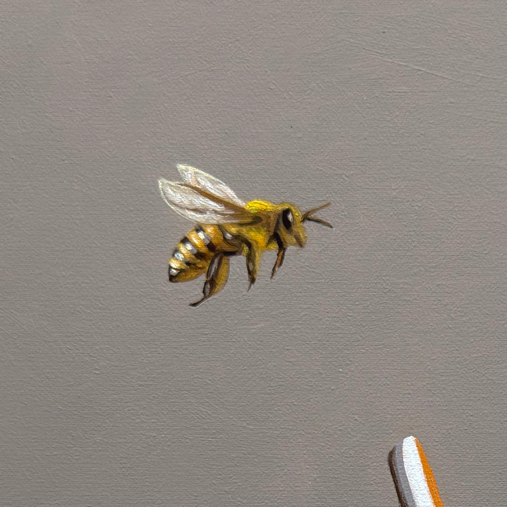 Detailed oil painting of a honey bee with yellow and black stripes on a solid grey background, 12x12 inch canvas.