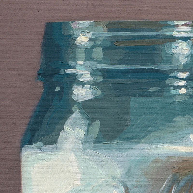 Original oil painting on linen featuring a vintage turquoise mason jar in a 12x12 still life composition.