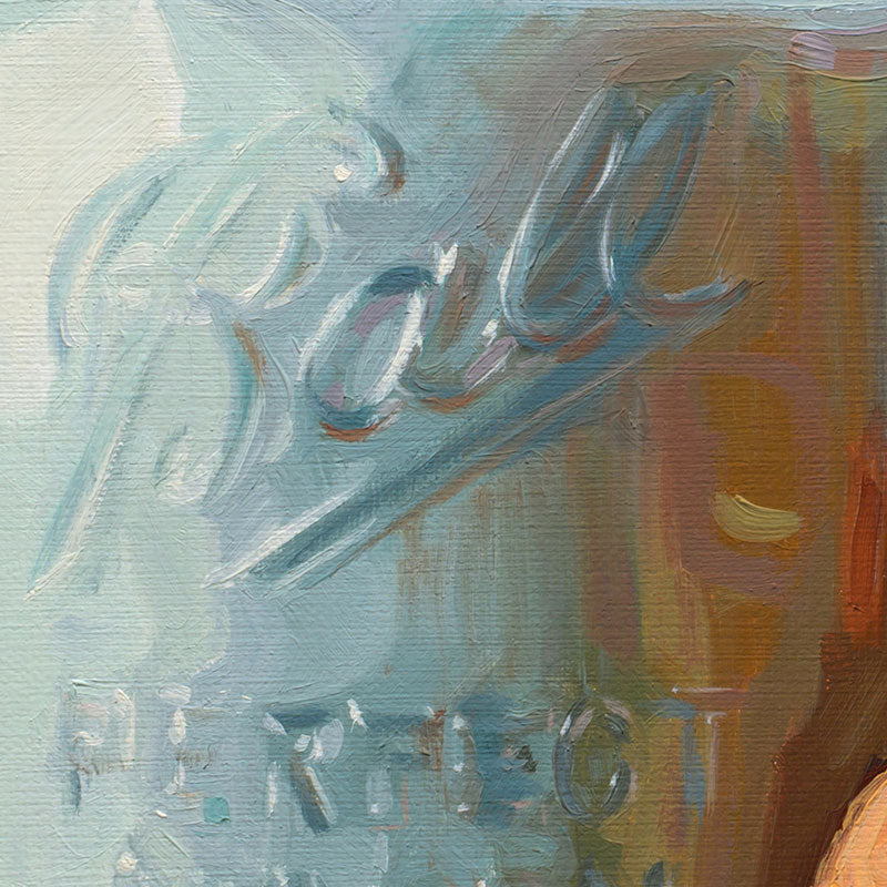 Oil painting detail of a vintage turquoise Ball mason jar with visible brushstrokes on a 12x12 linen canvas.