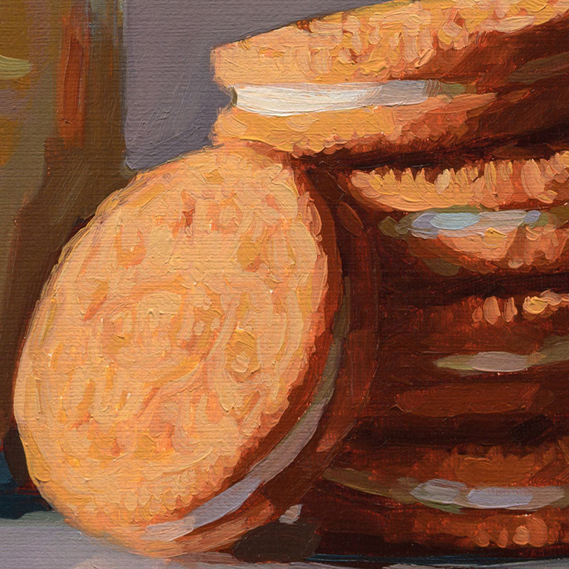 12x12 oil painting on linen featuring a stack of golden vanilla sandwich cookies next to a turquoise mason jar.